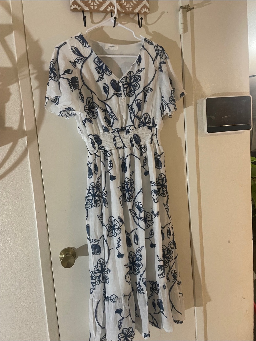 Navy White Floral Smocked Waist Midi Dress Cottagecore M - Picture 8 of 9
